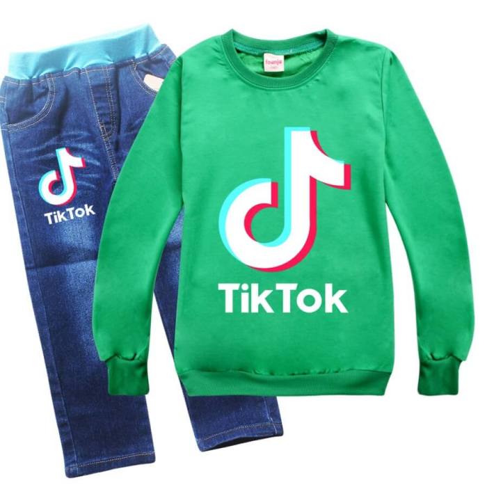 Girls Boys Tik Tok Print Cotton Pullover Hoodie And Jeans Outfits Set