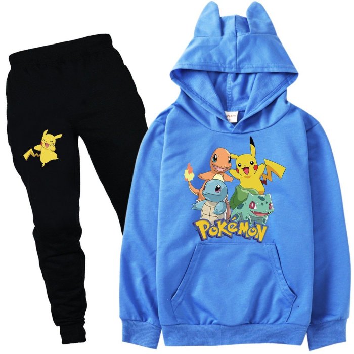 Pokemon Pikachu Print Girls Boys Cotton Hoodie And Pants Tracksuit