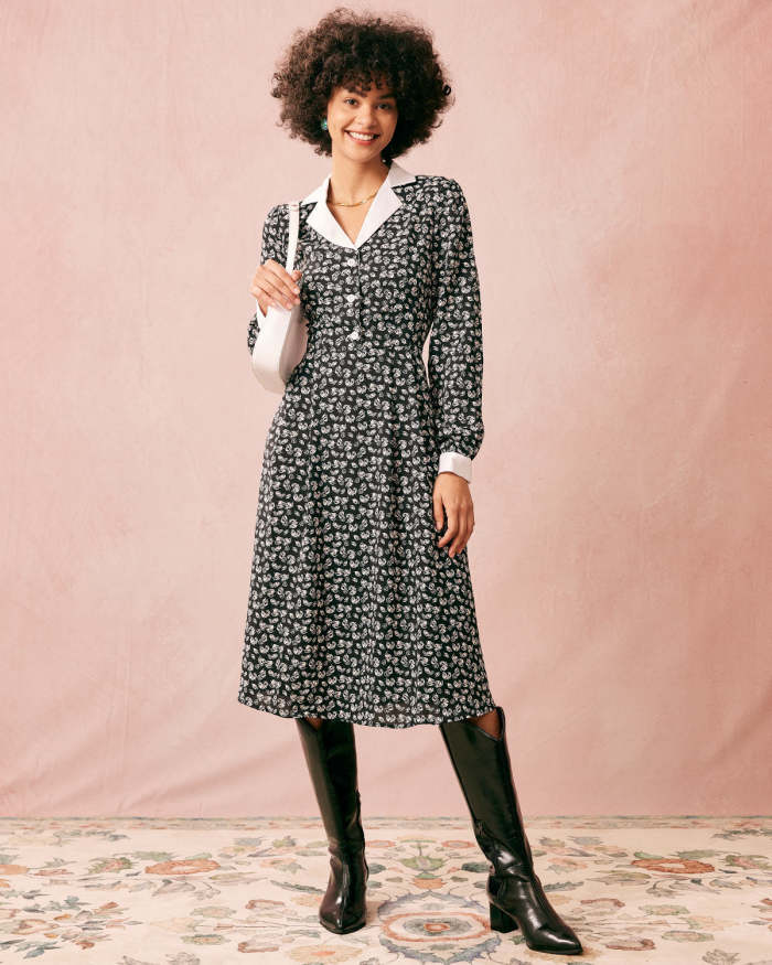 The Collared Patchwork Long Sleeve Midi Dress