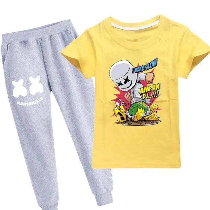 Dj Marshmello Print Girls Boys Pure Cotton T Shirt And Grey Pants Suit