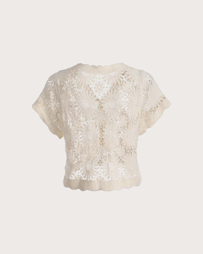 The Beige V Neck Scalloped Crochet Top