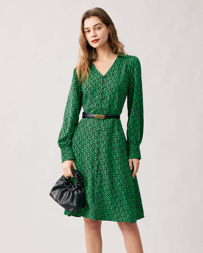 The Green V Neck Floral Long Sleeve Midi Dress