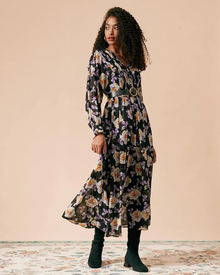 The V Neck Ruffle Floral Long Sleeve Maxi Dress