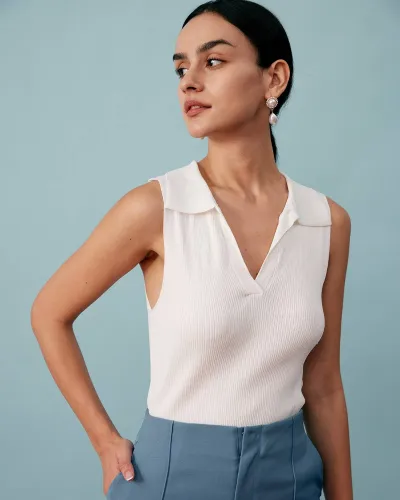 Lapel Neck Ribbed Tank Top