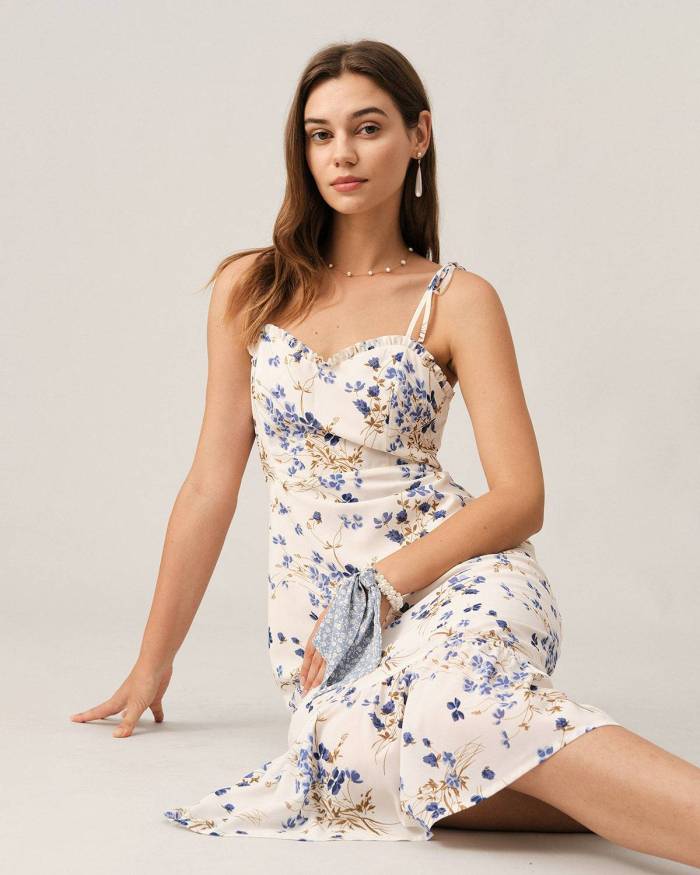 The Ruffle Hem Tie Strap Floral Midi Dress