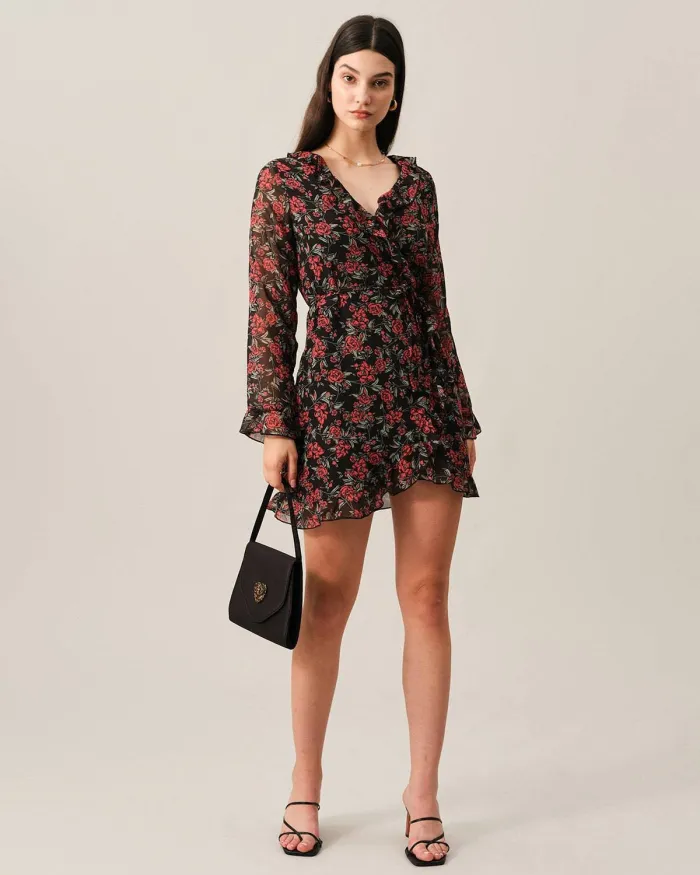 The V Neck Ruffle Wrap Mini Dress