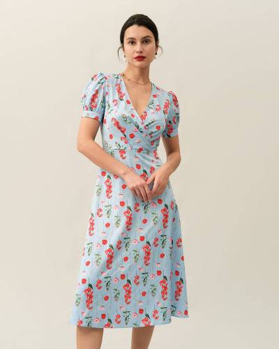 The V Neck Puff Sleeve Floral Midi Dress