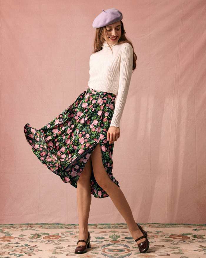 The High Waisted Slit Floral Satin Midi Skirt