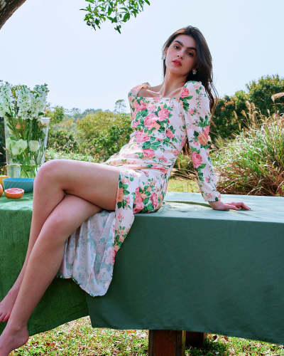The Square Neck Floral Long Sleeve Midi Dress