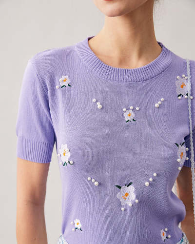The Purple Round Neck Pearl Embroidery Sweater