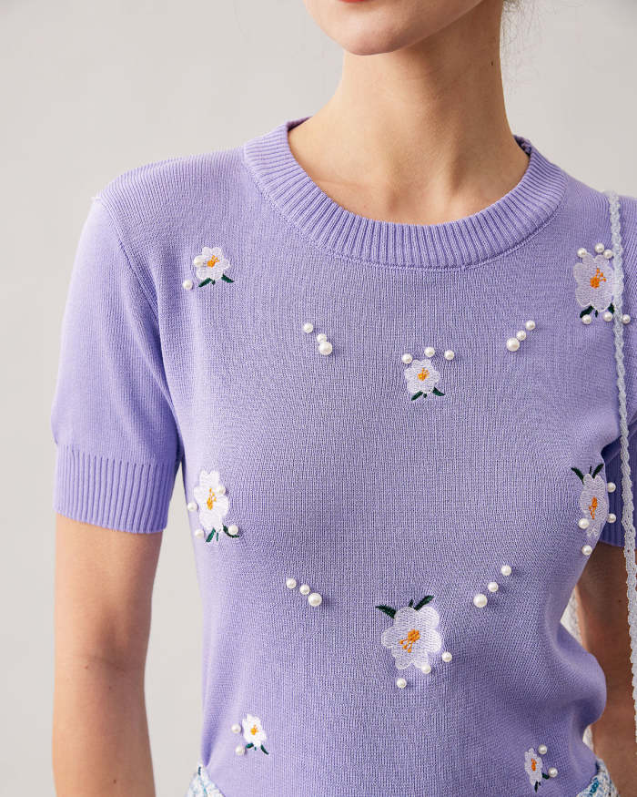 The Purple Round Neck Pearl Embroidery Sweater