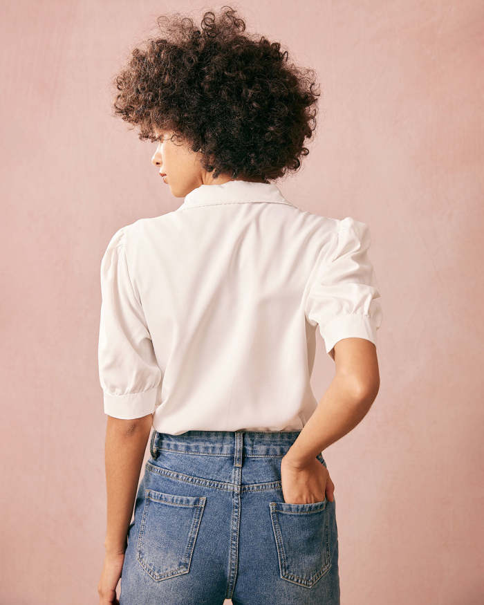 The White Collared Button Up Short Sleeve Blouse