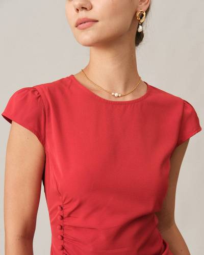 The Solid Ruched Side Split Midi Dress