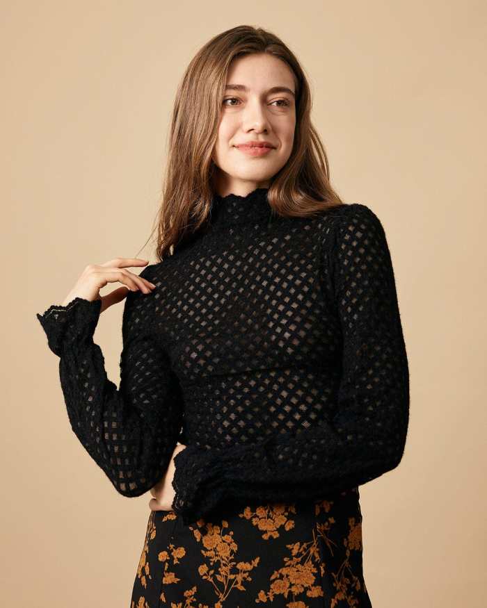 The Black Solid Mock Neck See-Through Knit Top