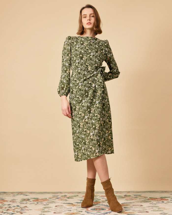 The Round Neck Sheer Long Sleeve Floral Midi Dress