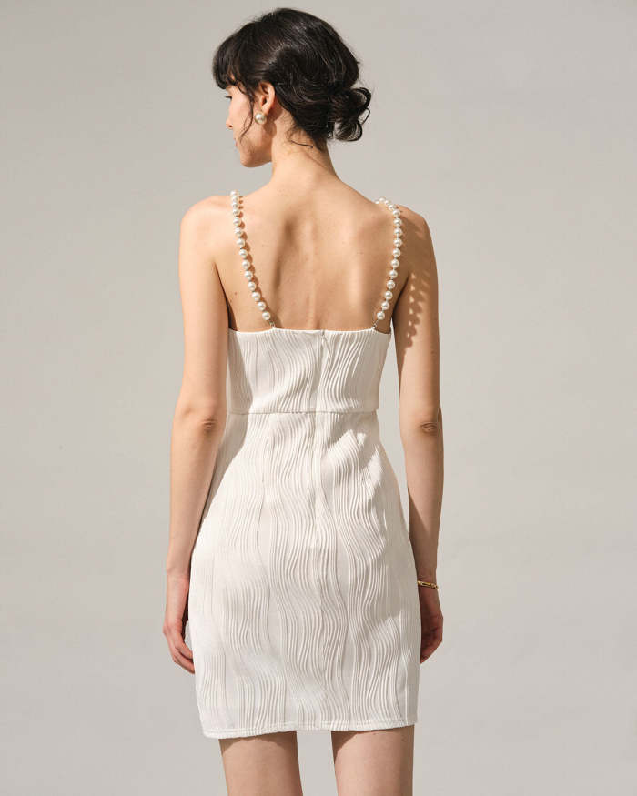 The White  Water Ripple Textured Pearl Strap Mini Dress
