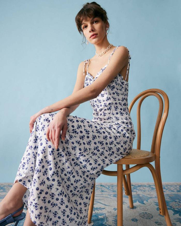 The Floral Tie Strap Ruched Maxi Dress