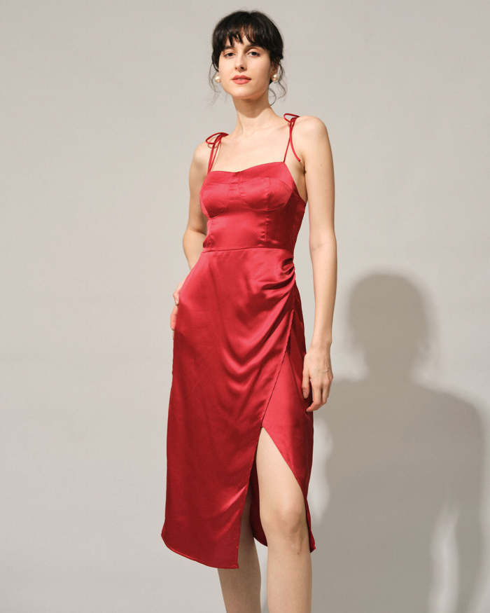 The Solid Sweetheart Neck Tie Shoulder Slit Midi Dress