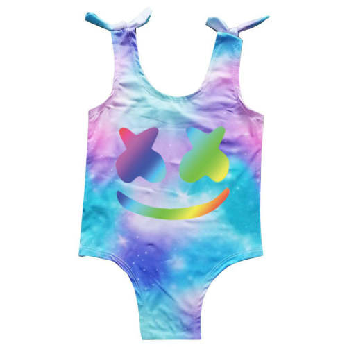 Little Girls Marshmello Print Frill Sleeve Rainbow One Piece Swimsuit