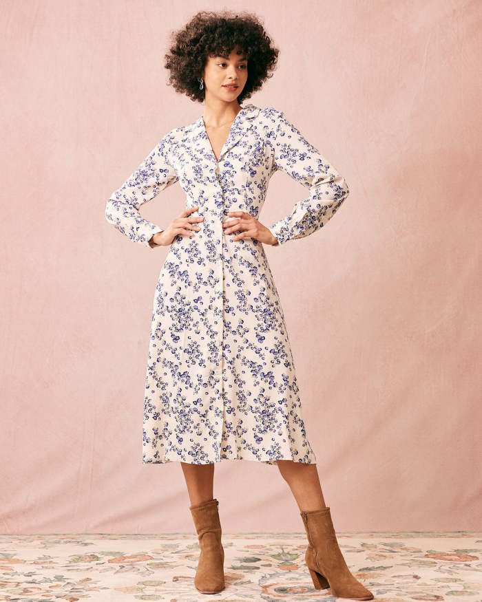 The Collared Floral Long Sleeve Midi Dress