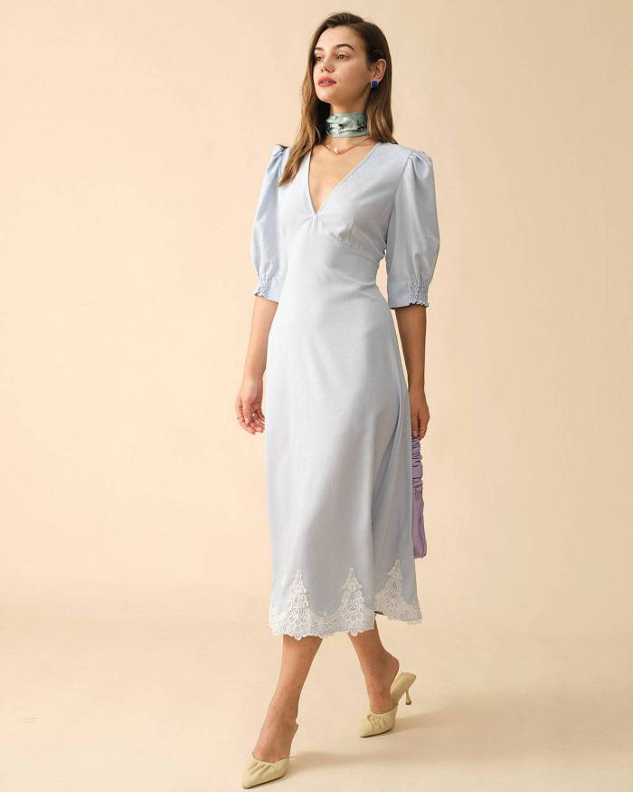 The Solid V Neck Puff Sleeve Maxi Dress