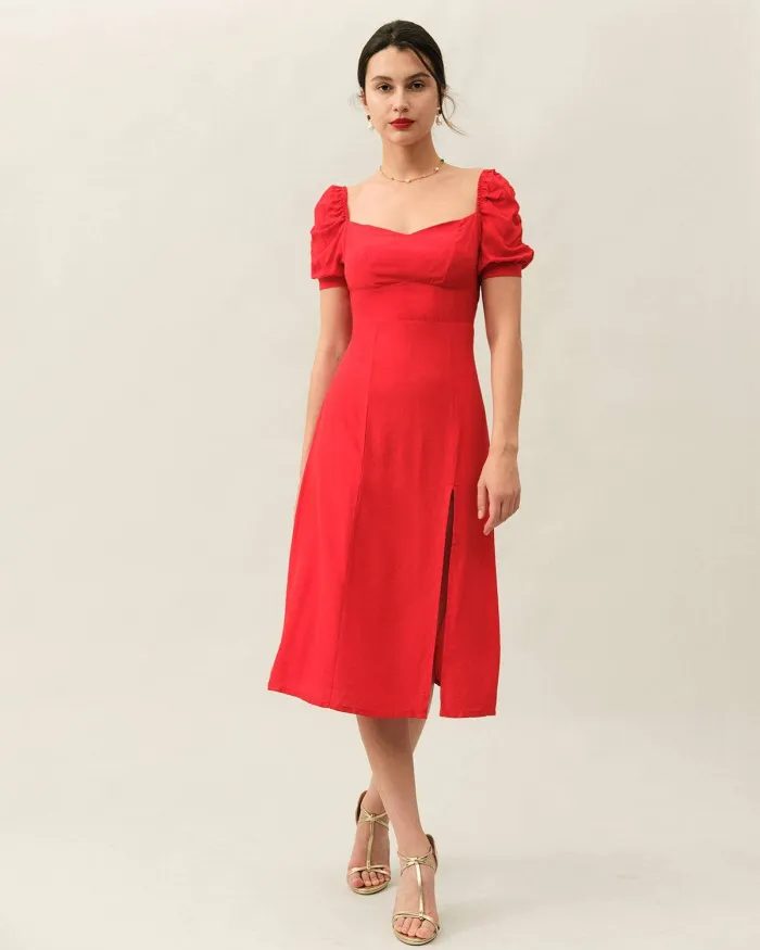The Puff Sleeve Solid Midi Dress