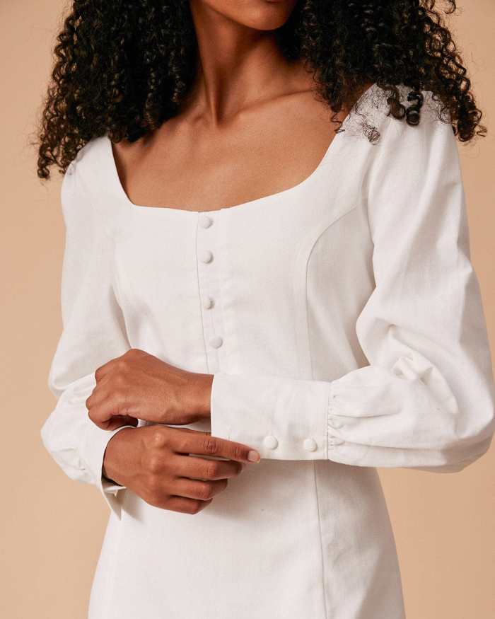 The White Solid Slit Long Sleeve Midi Dress