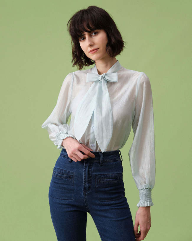 The Blue Tie Neck Long Sleeve Sheer Blouse