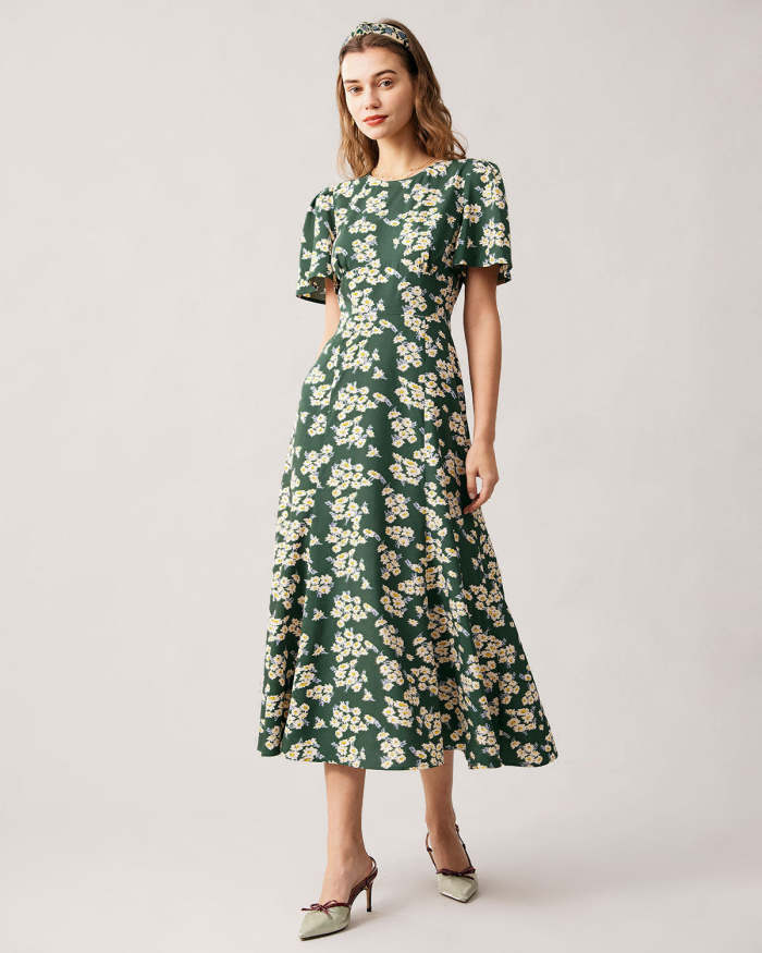 The Green Round Neck Short Sleeve Floral Midi Dress