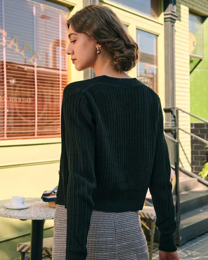 The Solid V Neck Ribbed Knit Cardigan