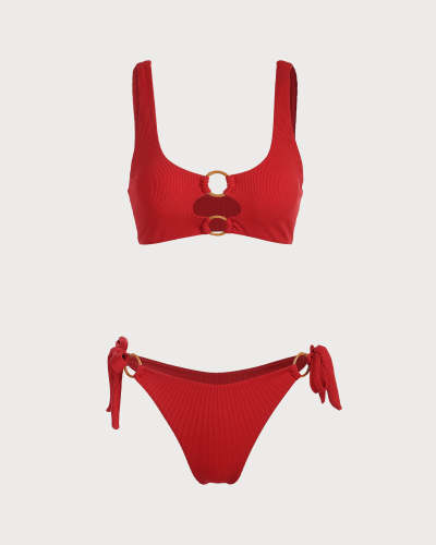 The Red Round Neck Ribbed O-Ring Bikini Set