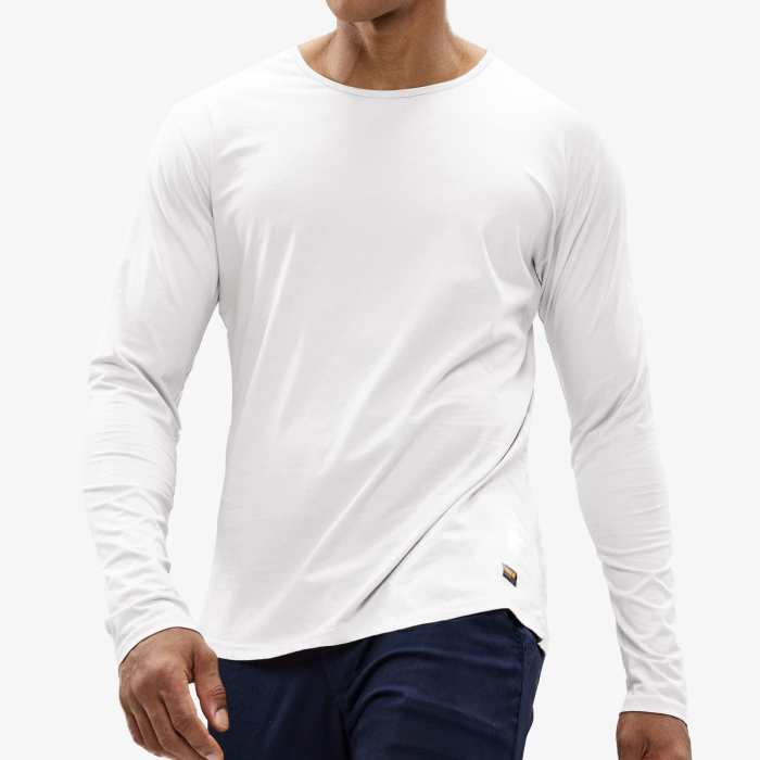 Men Long Sleeve Cotton T-Shirts Drop Cut With Curved Hem