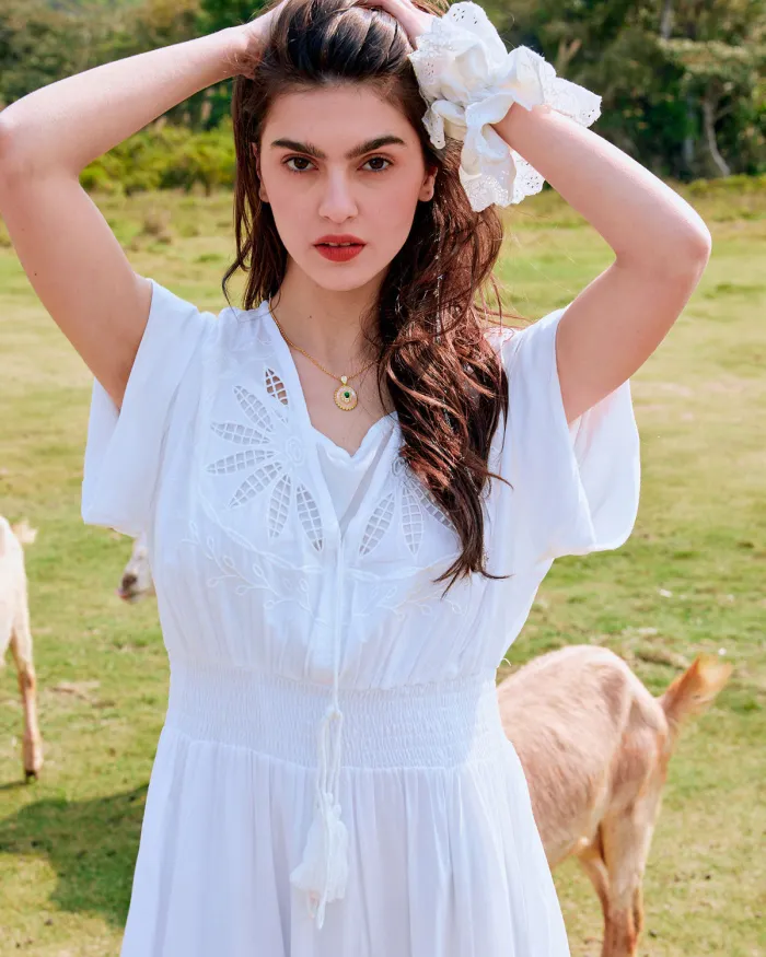 The White V Neck Embroidered Short Sleeve Midi Dress