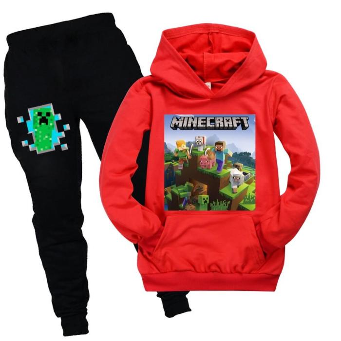 Minecraft Print Girls Boys Cotton Hoodie With Pocket Sweatpants Suit