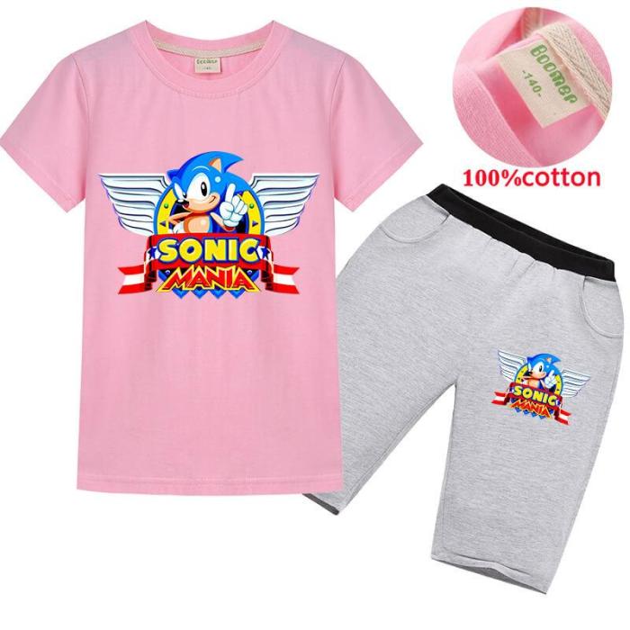 Sonic Mania Print Girls Boys Multi-Color Cotton T Shirt And Shorts