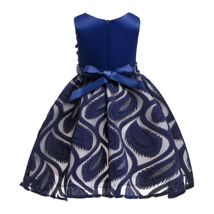 Girls Blue Purple Flower Jacquard Tulle Princess Party Gown Dress