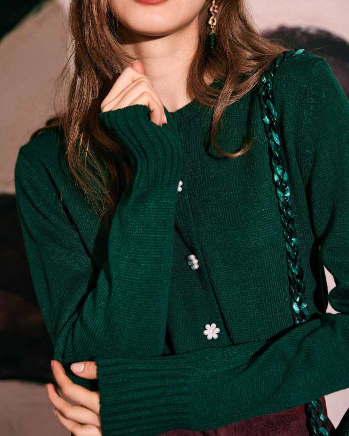 The Green Round Neck Single-Breasted Knit Cardigan