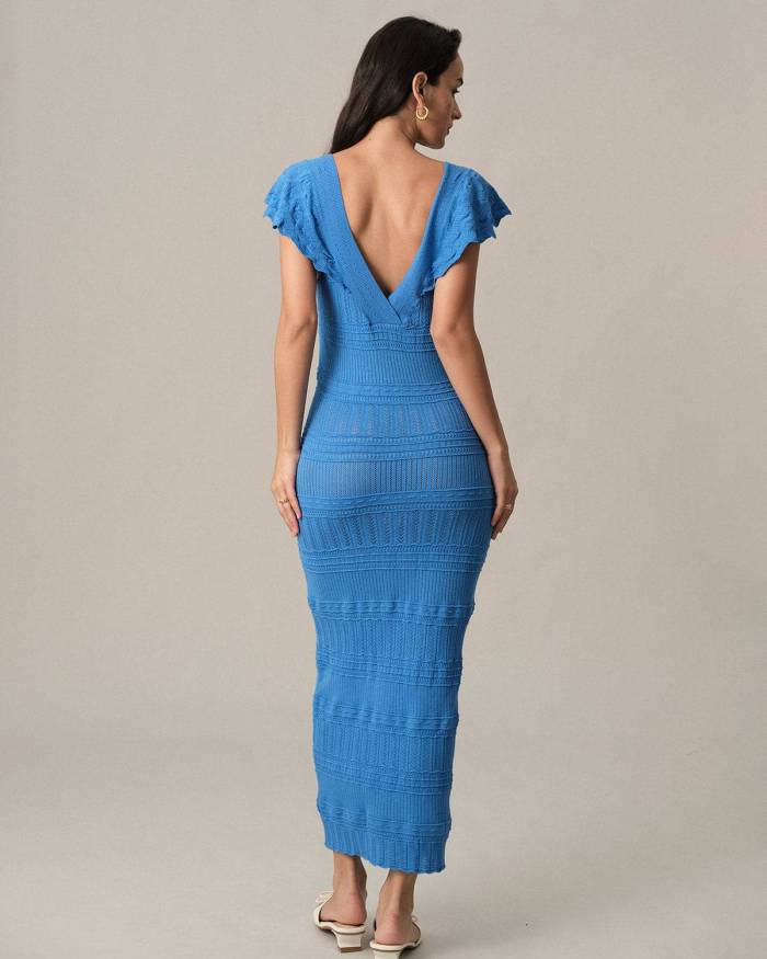 The Blue Ruffle Bodycon Knit Midi Dress