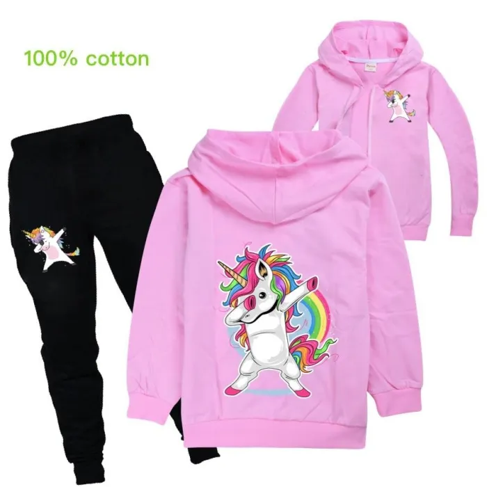 Dab Dance Rainbow Unicorn Print Girls Boys Zip Up Hoodie And Pants Set