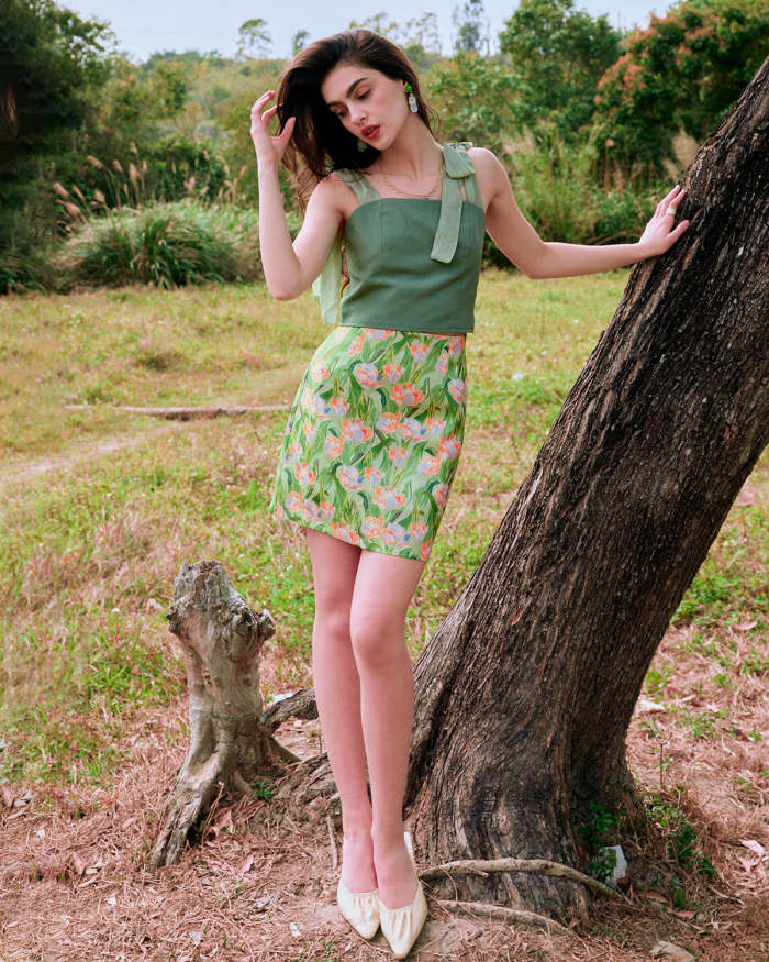 The Green High Waisted Floral Bodycon Mini Skirt