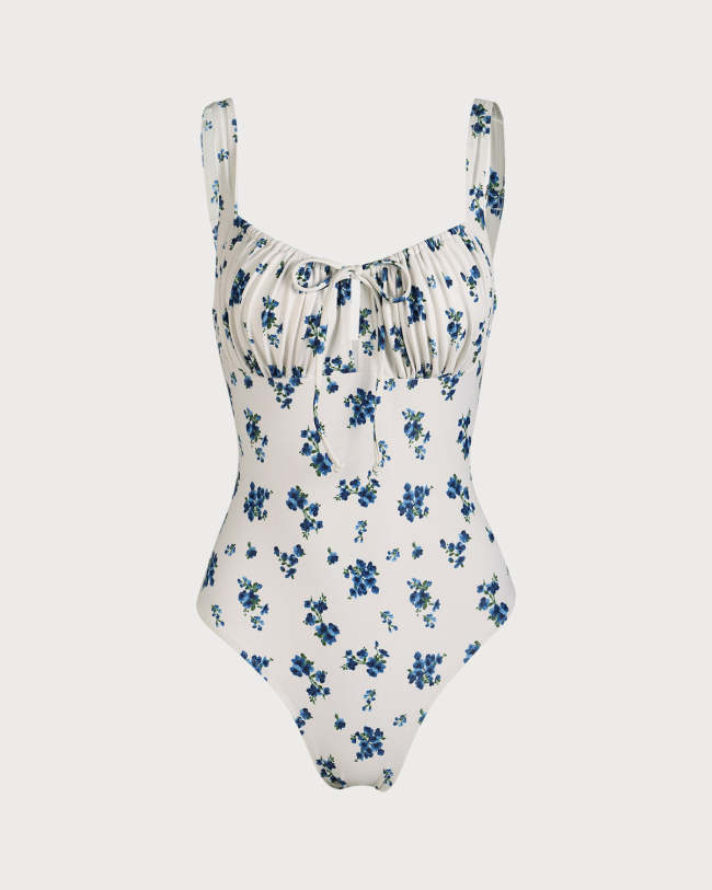 The Blue Floral Tie Front One-Piece Swimsuit