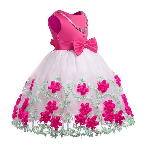 Deep Pink Girls Pearl Necklace Flower Tulle Bow Princess Gown Dress
