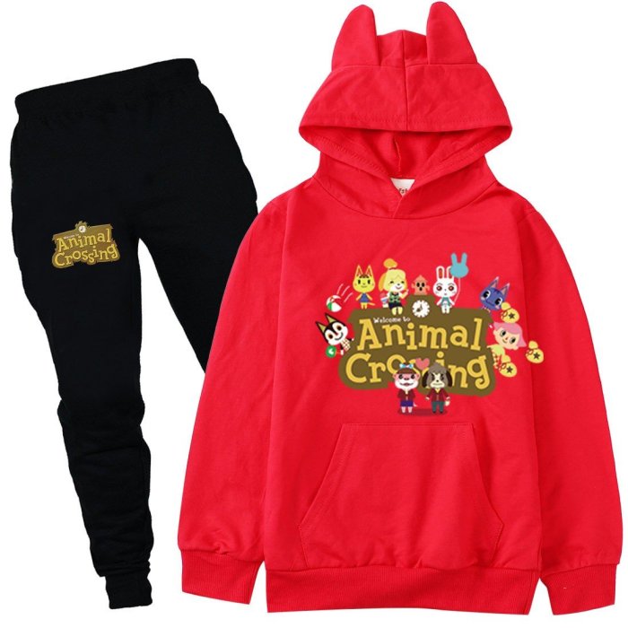 Animal Crossing Print Girls Boys Cotton Hoodie Pants Suit Sportswear