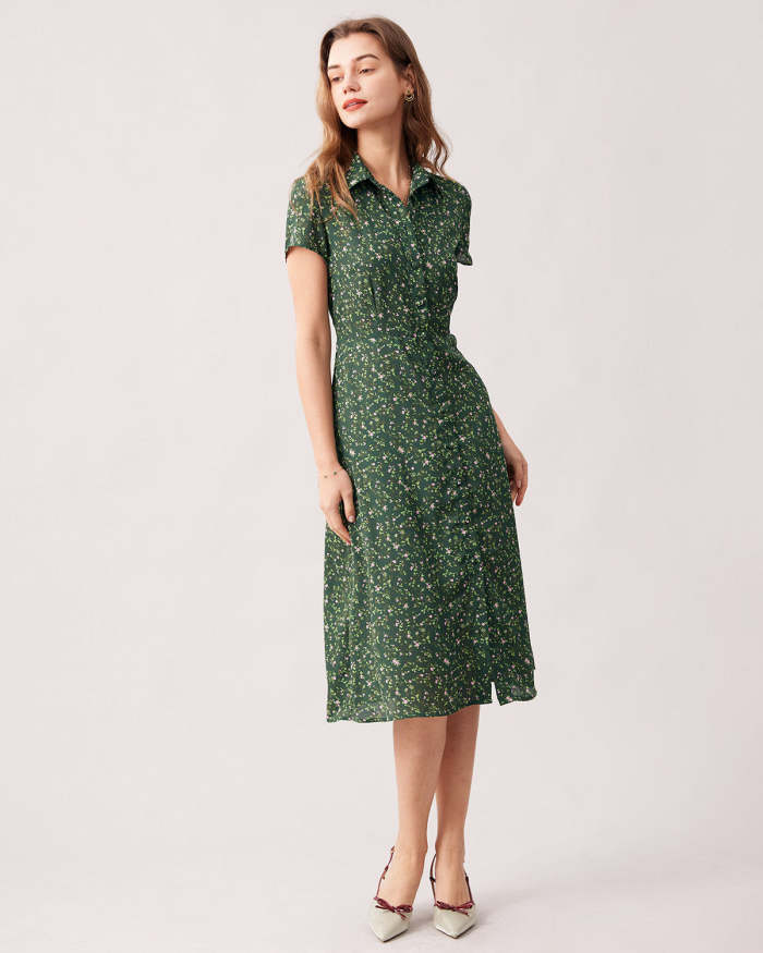 The Green Lapel Button Up Floral Midi Dress