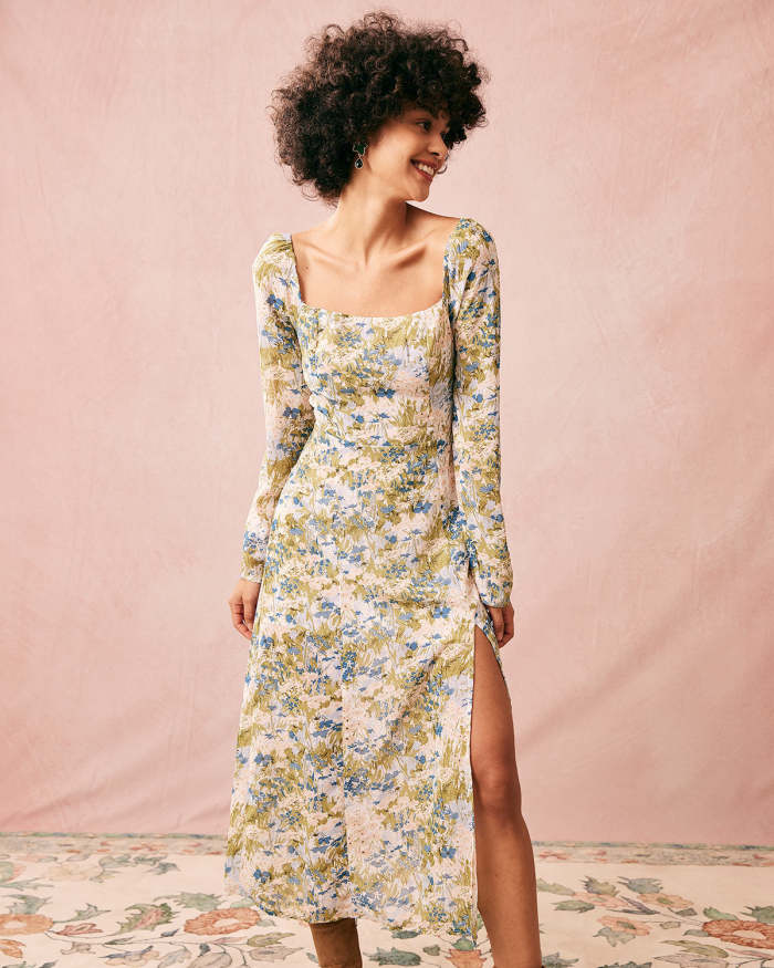The Green Square Neck Floral Long Sleeve Midi Dress