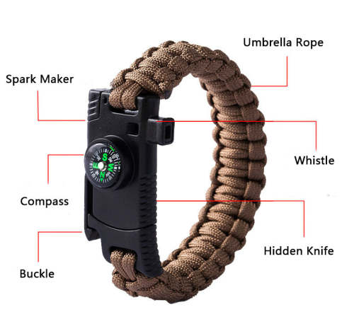 5 In 1 Multi Bracelet Whistle Spark Maker Compass Rope Knife Bracelet