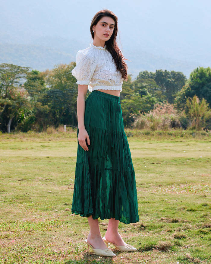 The Green High Waisted Pleated Side Slit Midi Skirt