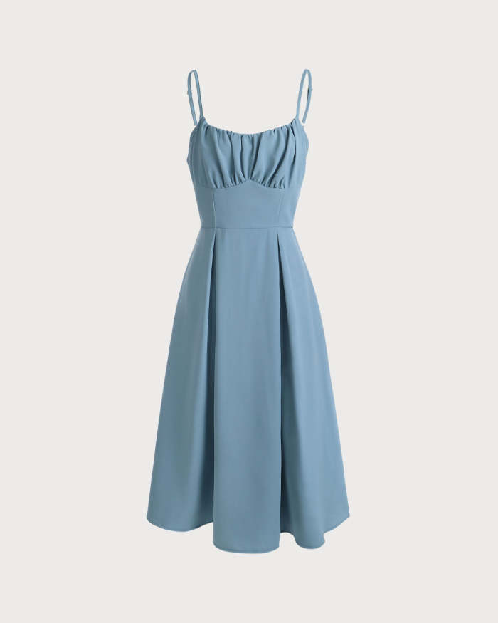 The Blue Ruched Slip Midi Dress
