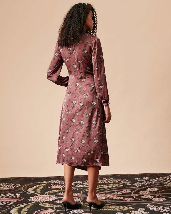 The Mock Neck Ruched Floral Satin Midi Dress