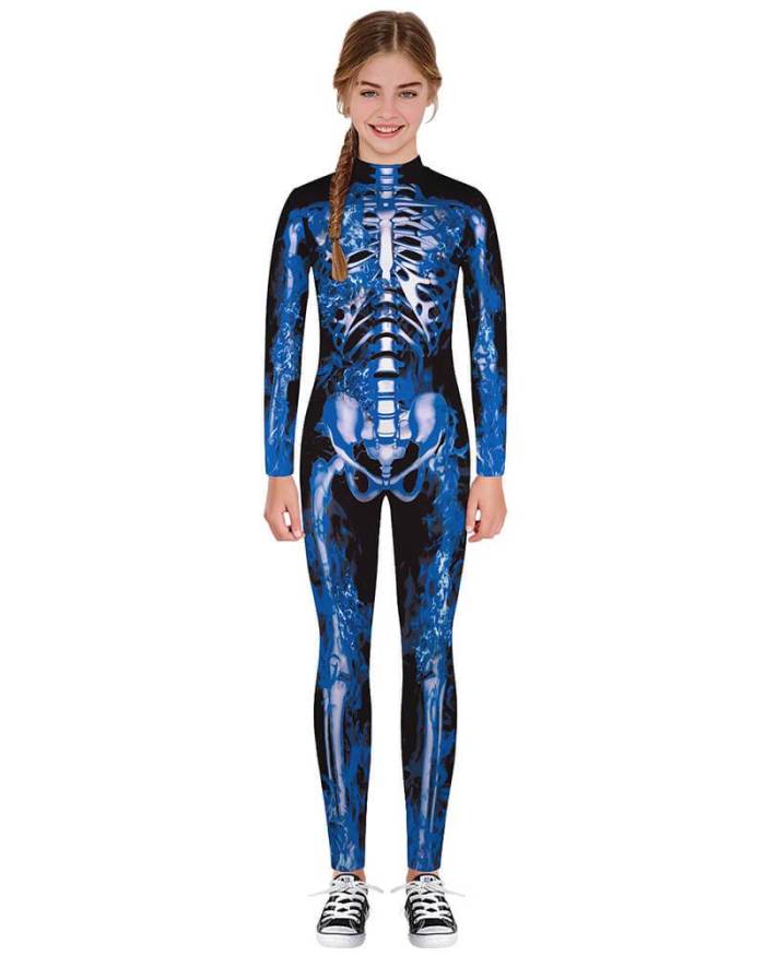 Boys Girls Blue Skeleton Catsuit Kids Halloween Costume